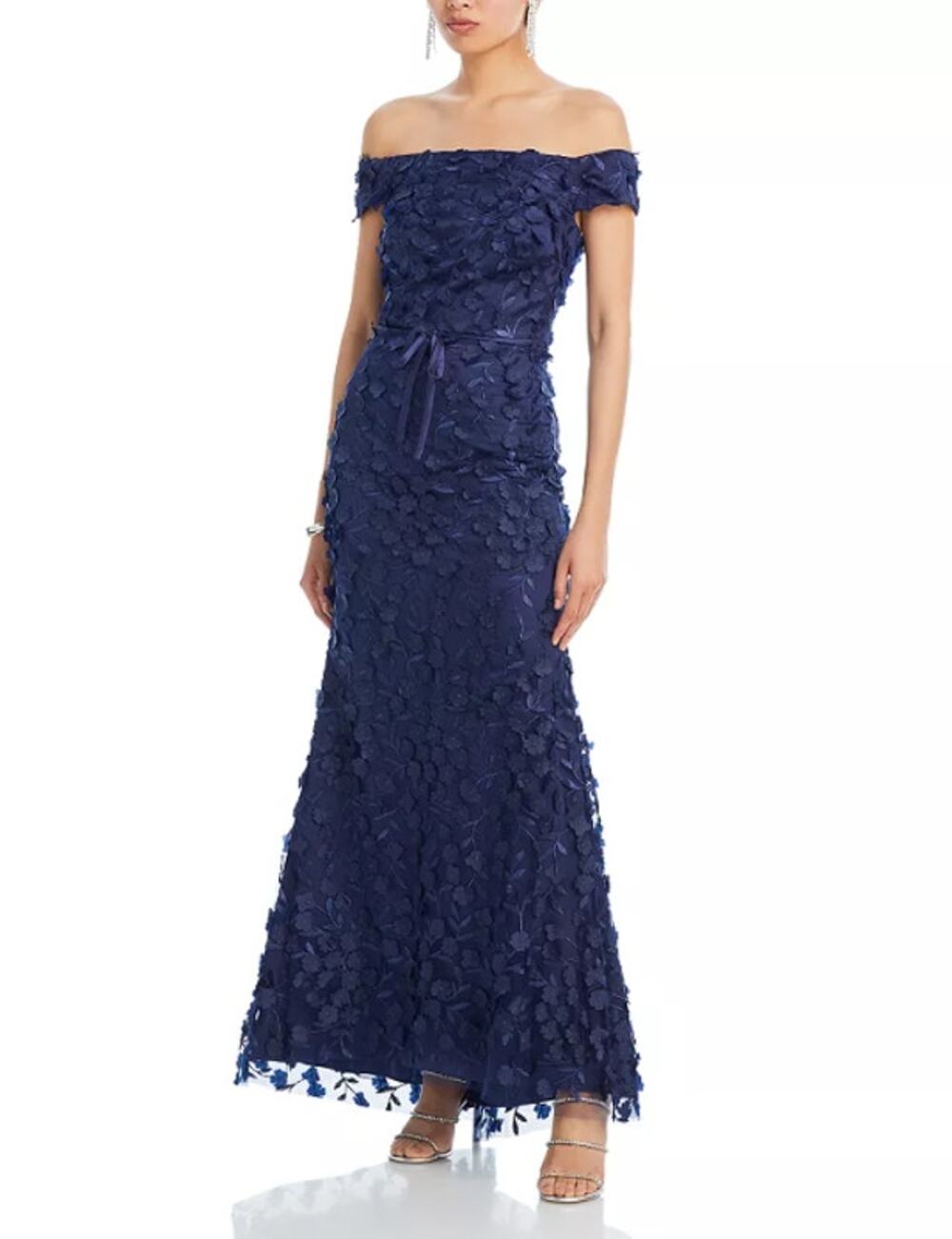 ELIZA J Women's Off The Shoulder 3D Floral Gown Size 10 Navy Blue Tie Dress NWOT